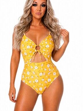 Yellow & Pink Cherry Blossom Sexy Cutout/Keyhole Floral Print One Piece Swimsuit